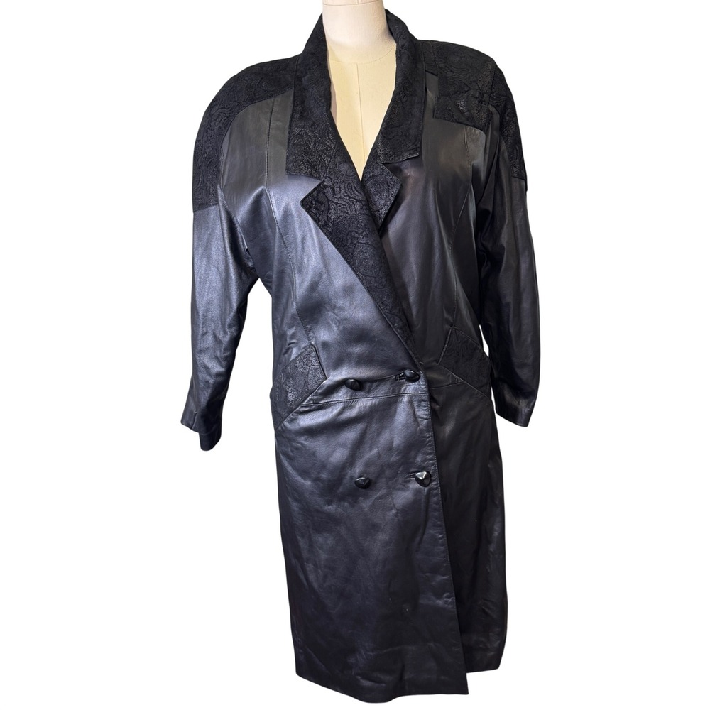 Charles Klein Womens Black Leather Paisley Trench Coat Double Breasted Vintage M